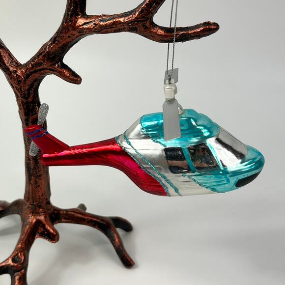 Blown Glass Helicopter Ornament Silver Red Blue with Moving Propellers 7" - Picture 3 of 5